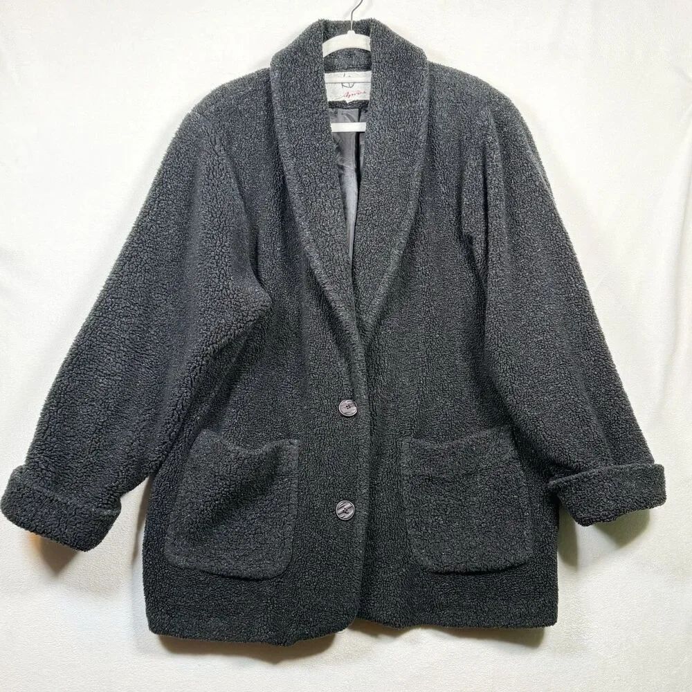 Kristen Blake Teddy Bear Jacket Womens L Black Plush Sherpa Coat Cozy Button